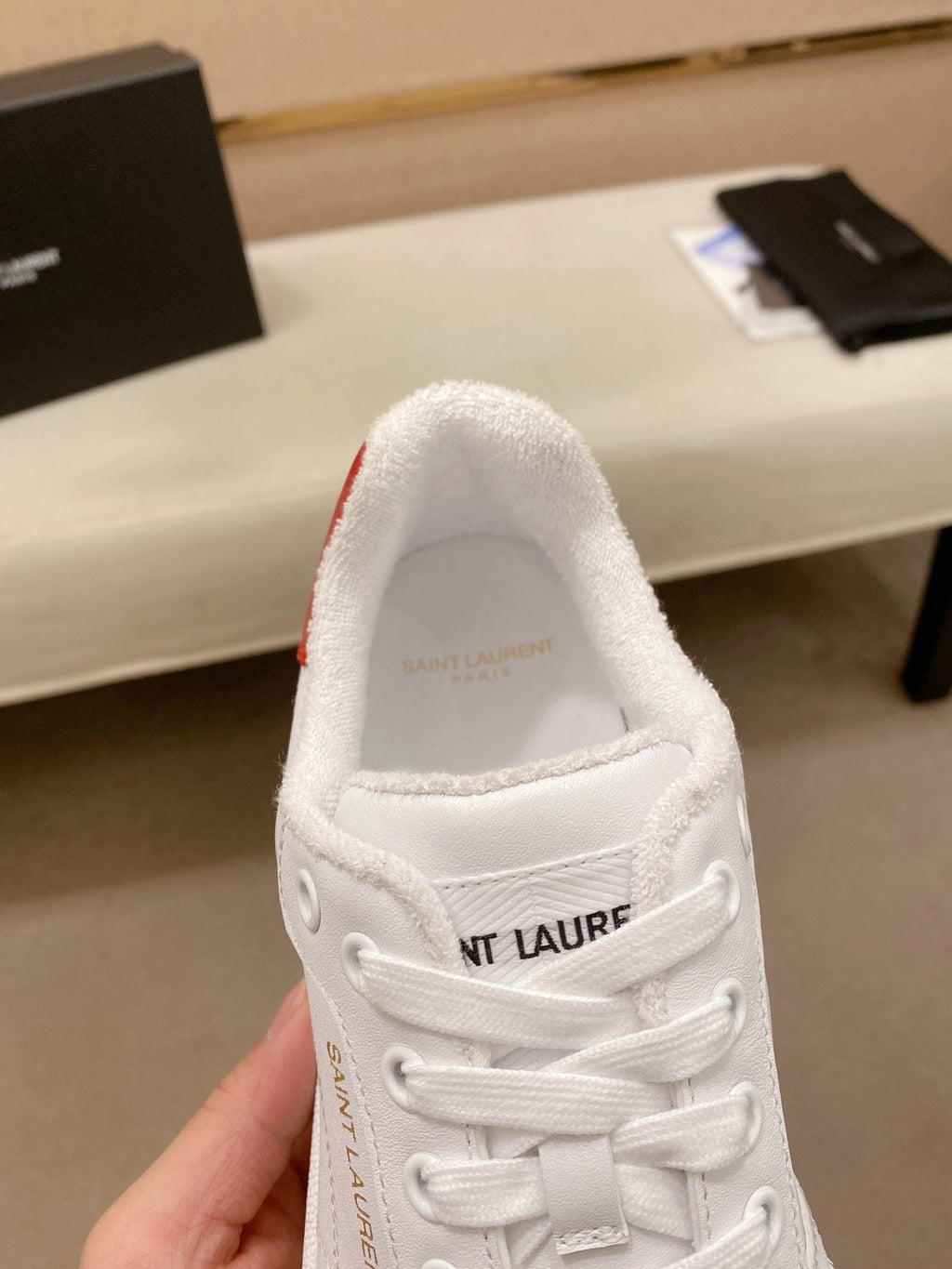 Saint Laurent White Red Perforated Low-Top Sneakers — detail