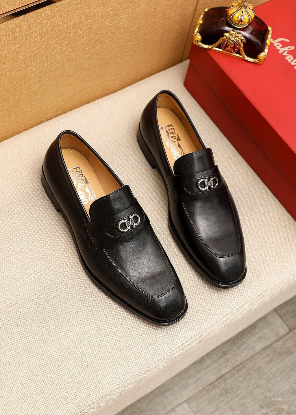 Ferragamo Black Metal Hardware Loafers — hero