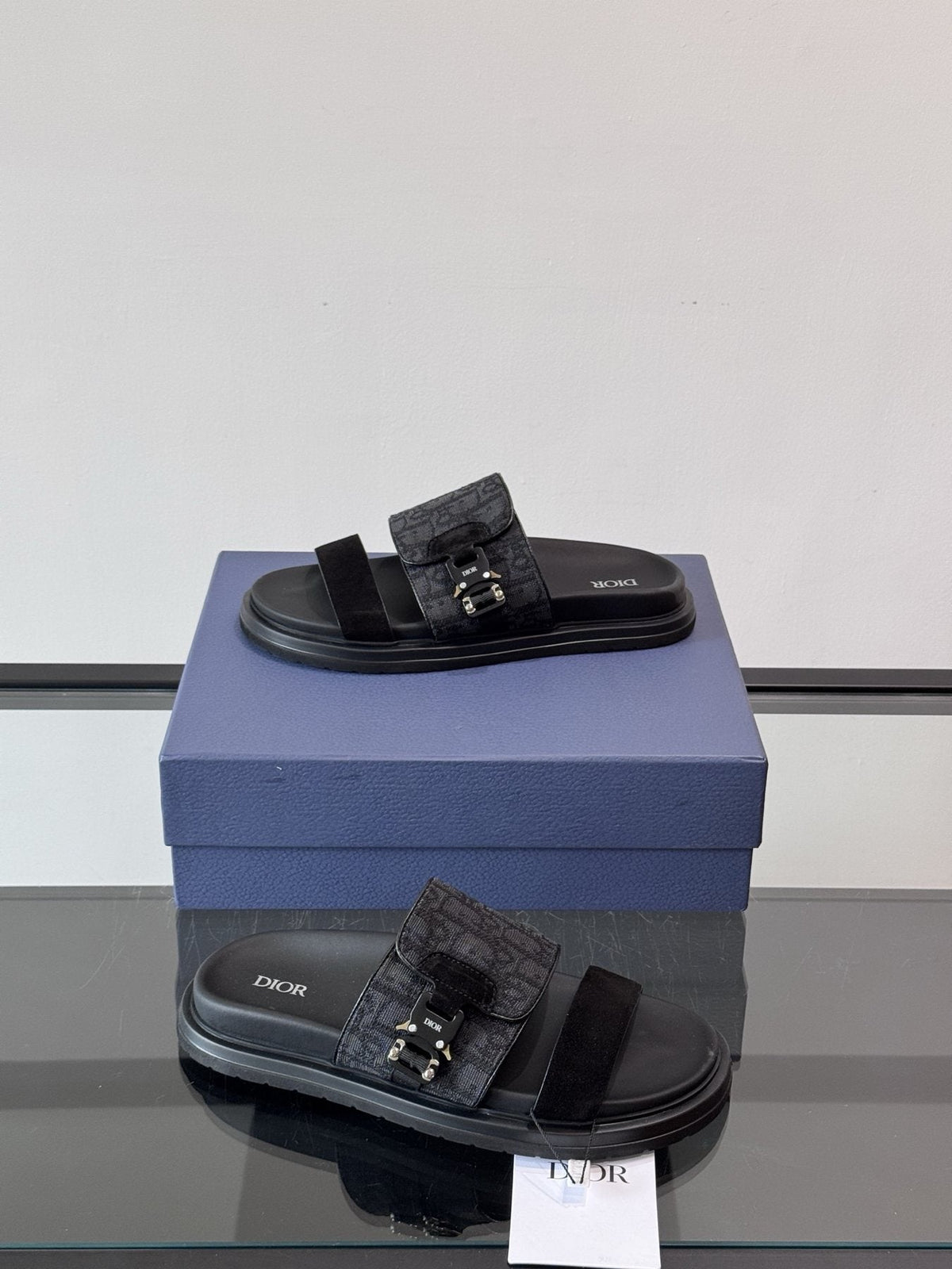 Dior Dark Gray Patterned Slide Sandals — side