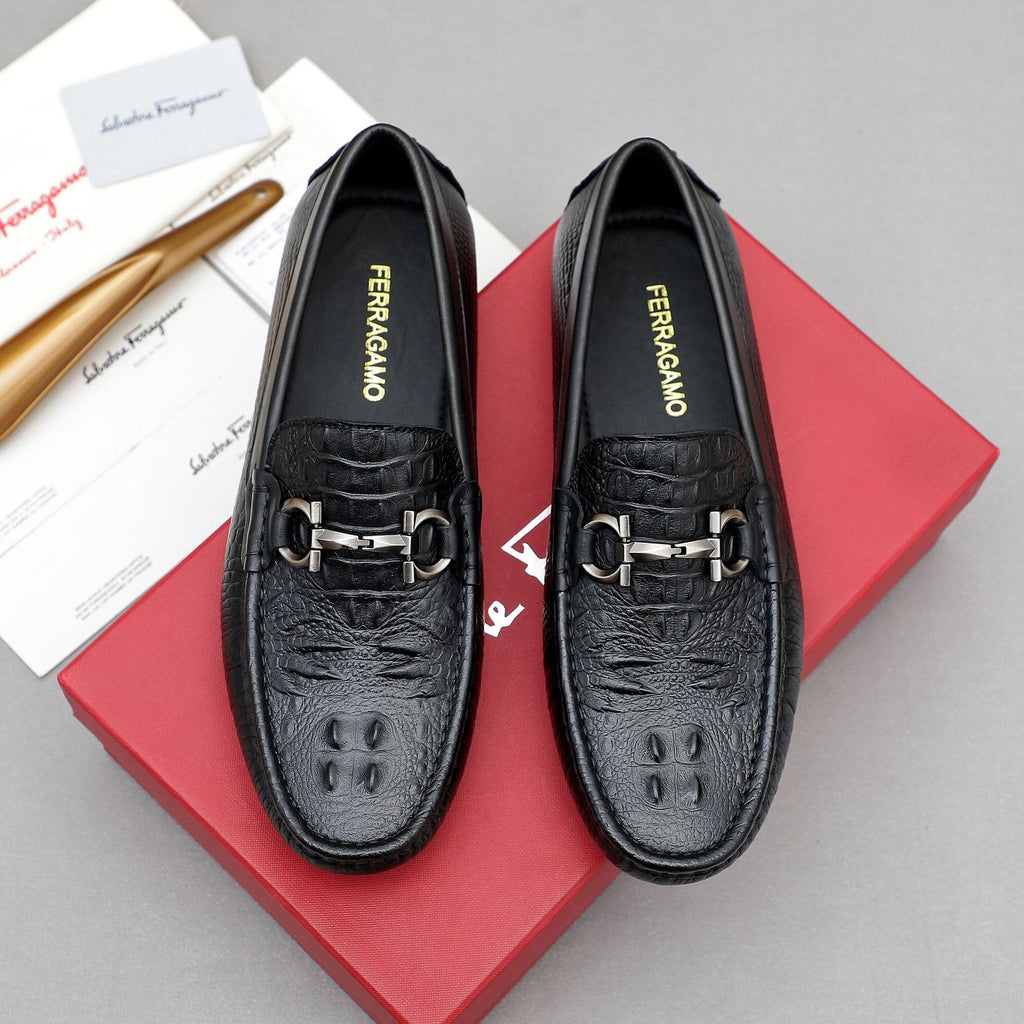 Ferragamo Black Textured Loafers — front