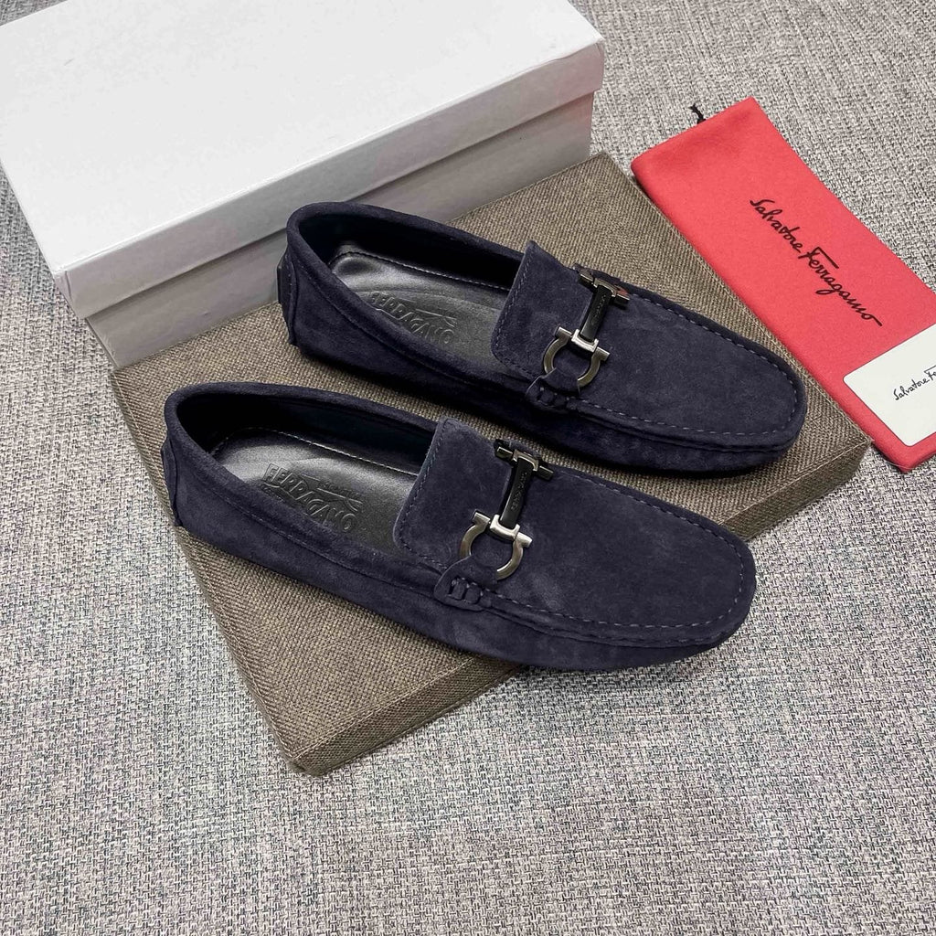 Ferragamo Navy Blue Bit Loafers — front