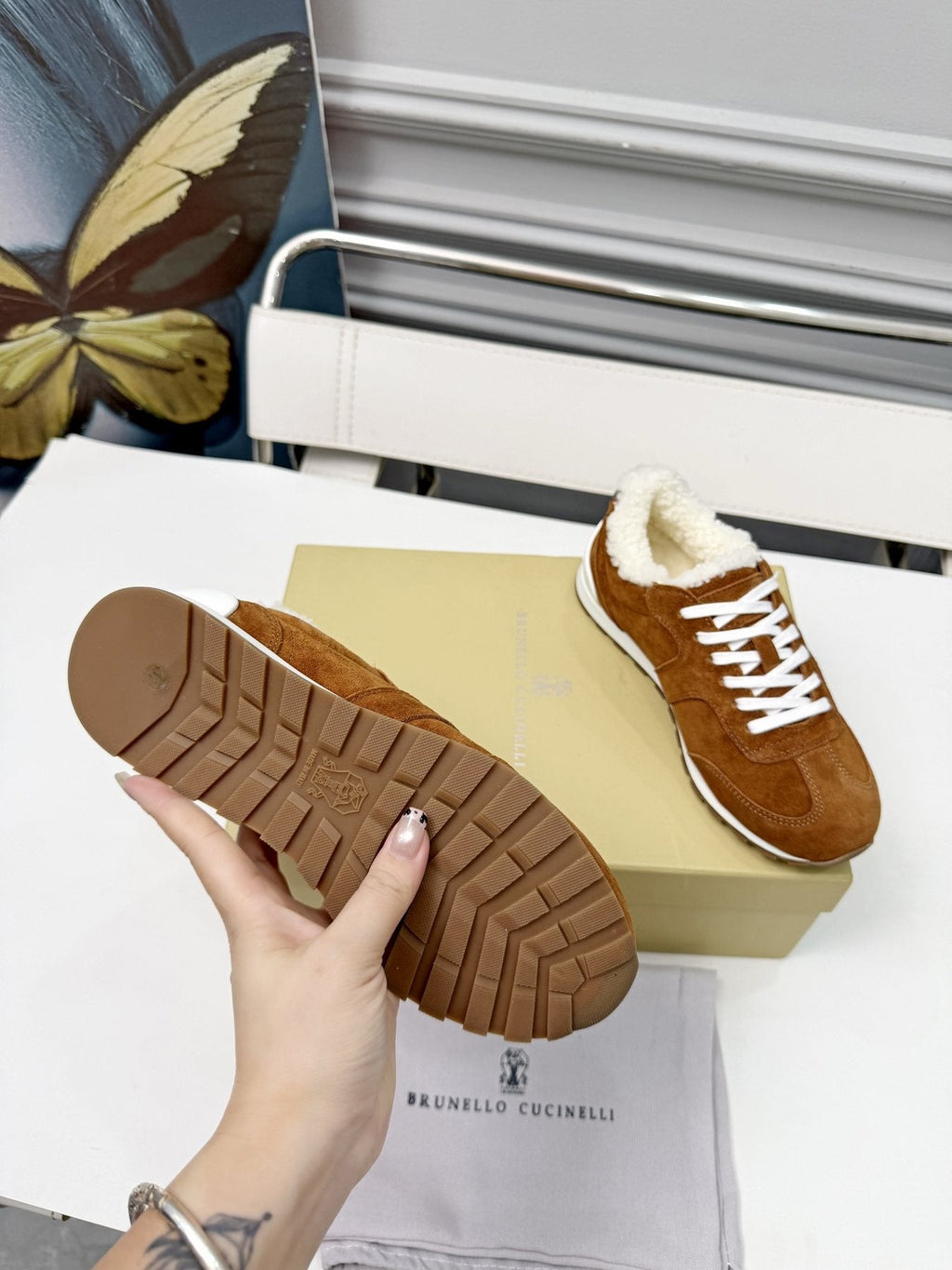 Brunello Cucinelli Brown Shearling-Trim Sneakers — detail