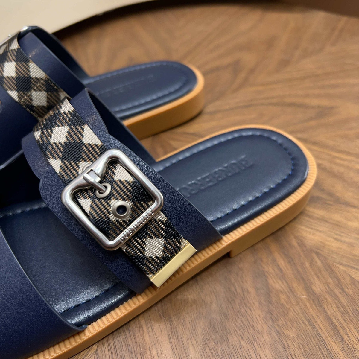 Burberry Plaid Buckle Slide Sandals — front