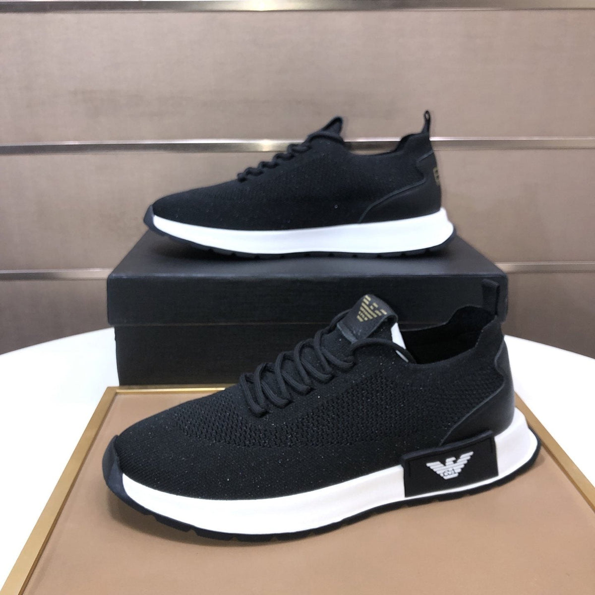 Giorgio Armani Knit Lace-Up Sneakers — front