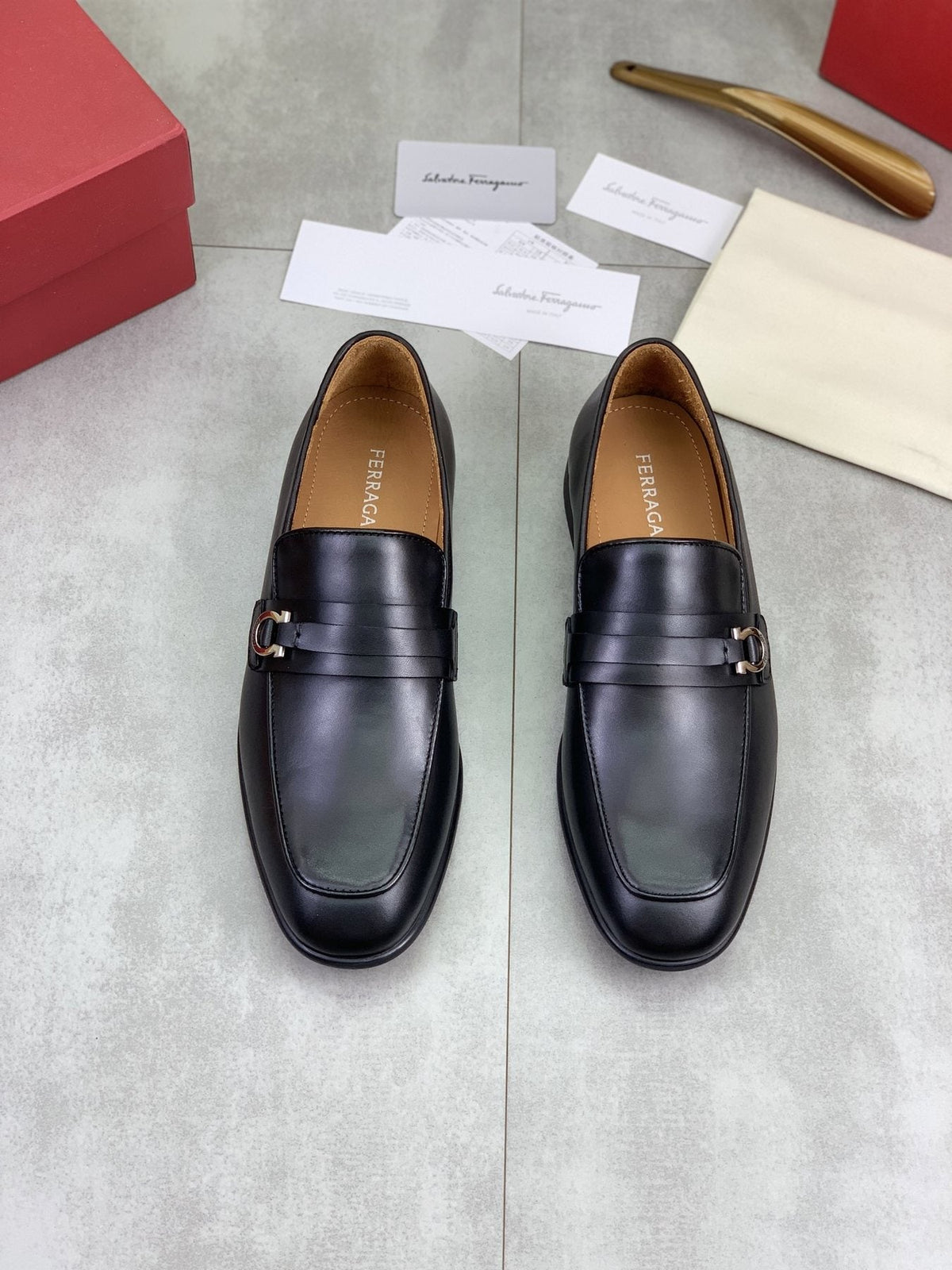 Salvatore Ferragamo Navy Blue Metal-Bit Loafers — front