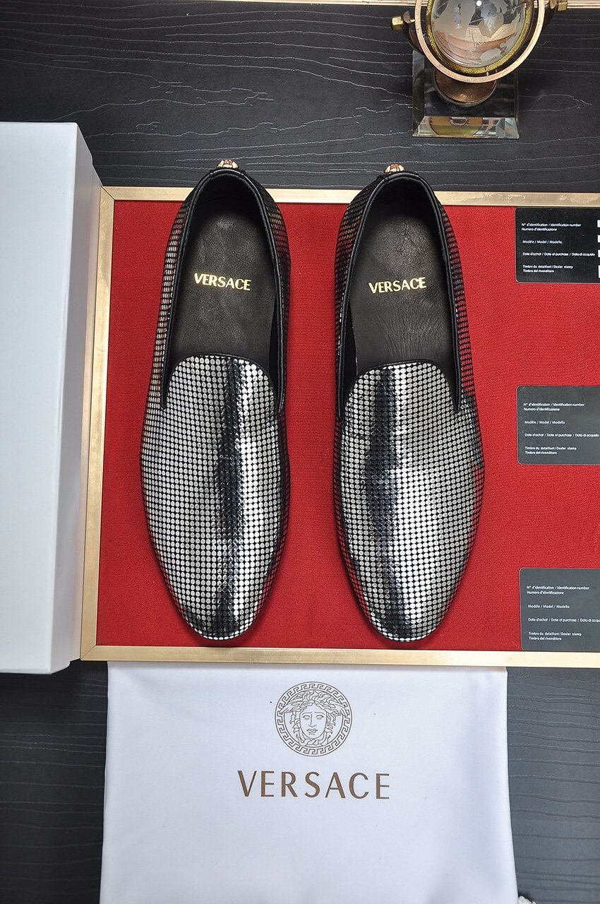 Versace Silver and Black Pattern Loafers — front