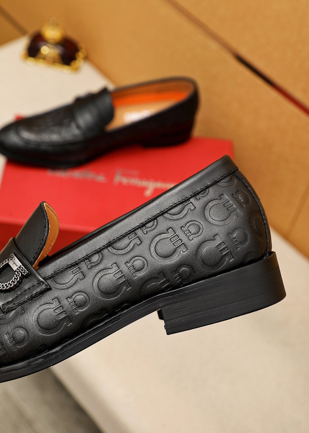 Ferragamo Burgundy Embossed Slip-On Shoes — detail