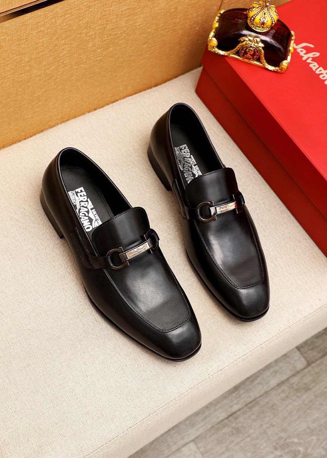 Ferragamo Black Buckle Loafers — hero