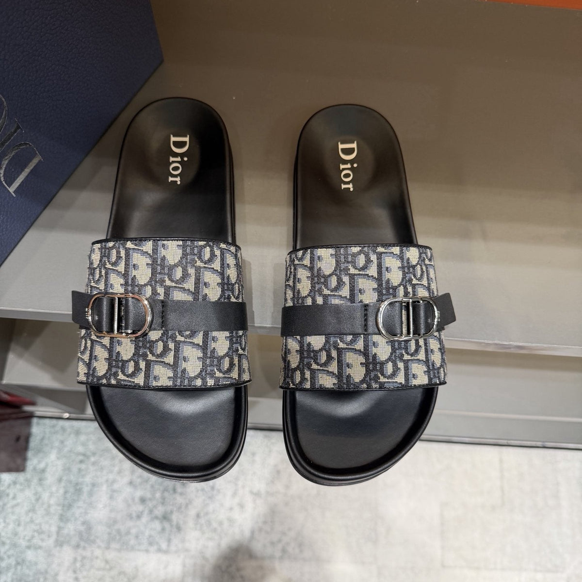 Dior Blue-Gray Pattern Slide Sandals — hero