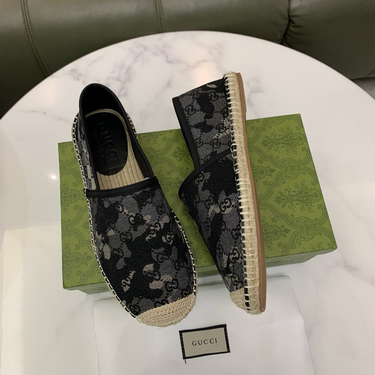 Gucci Black & Gray Monogram Espadrille Loafers — front